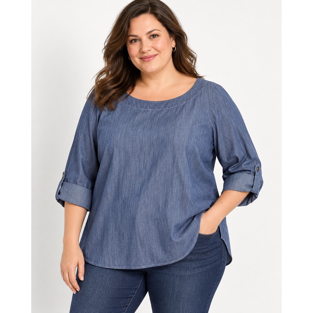 Talbots Plus Petites Blue Chambray Boat Neck Roll Tab Sleeve Top 3XP New